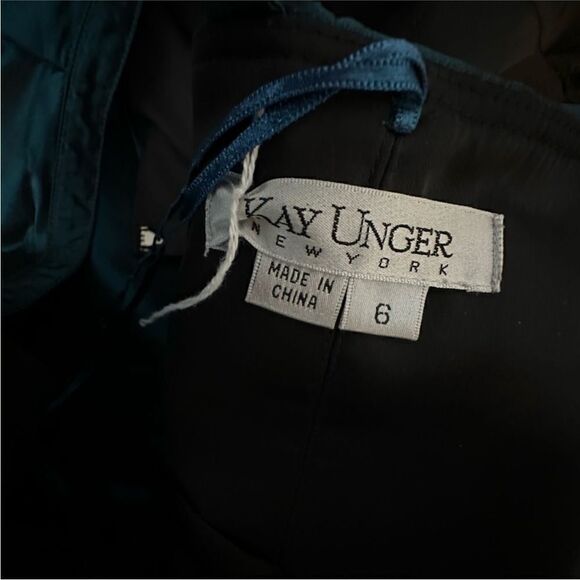 Kay Unger Teal Silk Taffeta Ruffle Shoulder Cocktail Dress| Size 6 - Picture 6 of 8